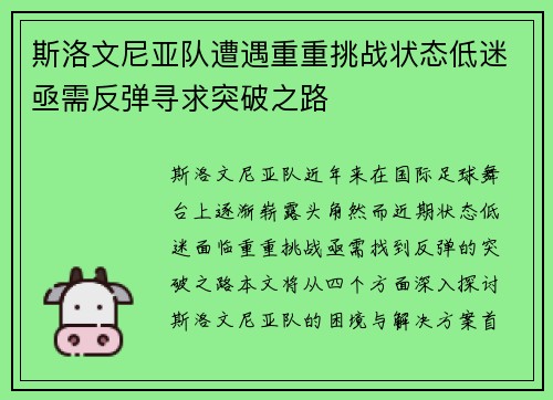 斯洛文尼亚队遭遇重重挑战状态低迷亟需反弹寻求突破之路