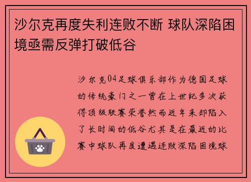 沙尔克再度失利连败不断 球队深陷困境亟需反弹打破低谷