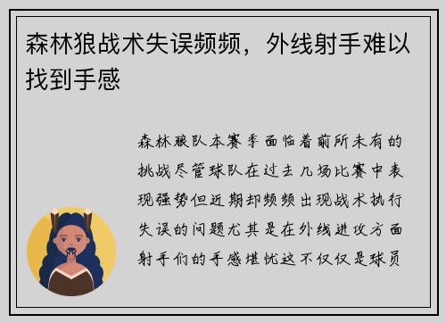 森林狼战术失误频频，外线射手难以找到手感
