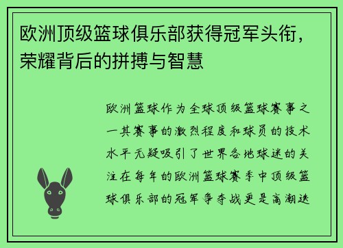 欧洲顶级篮球俱乐部获得冠军头衔，荣耀背后的拼搏与智慧