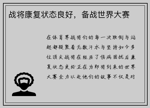 战将康复状态良好，备战世界大赛
