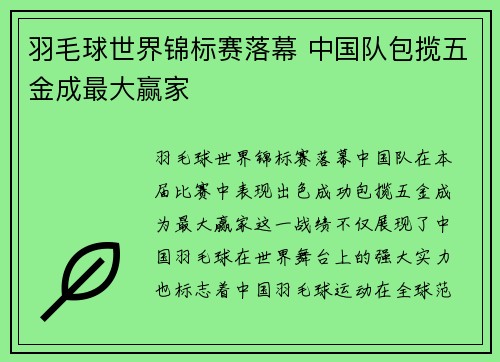 羽毛球世界锦标赛落幕 中国队包揽五金成最大赢家